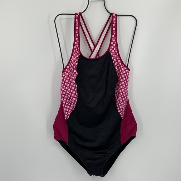Lands End one-piece tank swimsuit colorblock pink black swim x-back new 16 - Picture 1 of 4